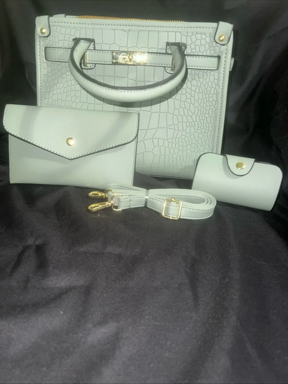 Mint Green Croc-Embossed Satchel Handbag with Wallet & Strap